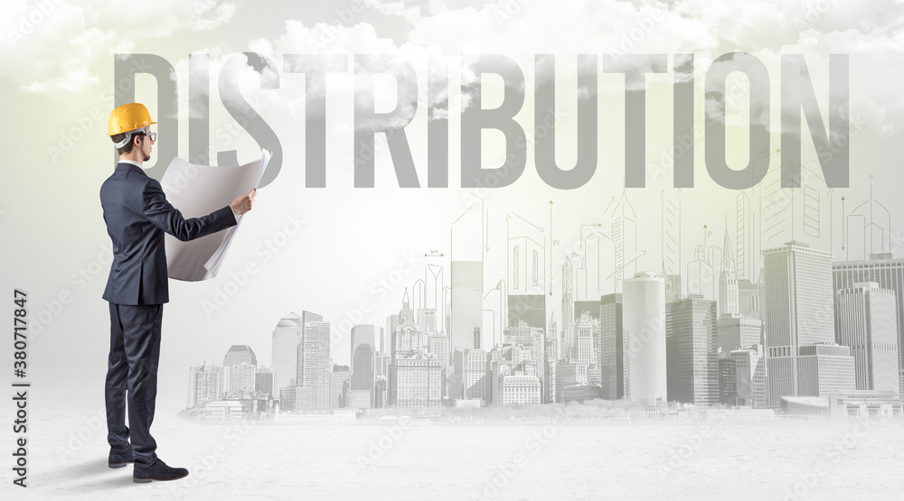Young businessman with hard hat and DISTRIBUTION inscription, new business opportunity concept