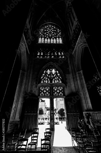 Old church in Europe, cathedral interior, church doors