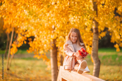Portrait of adorable little girl with yellow leaves bouquet in fall