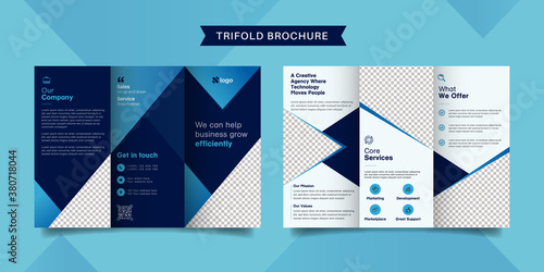 Corporate business trifold brochure template. Modern, Creative and Professional tri fold brochure vector design. Simple and minimalist promotion layout with blue and navy color.