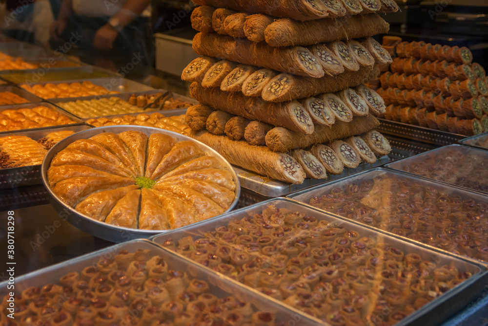 Turkish delights in the shop, Spice Bazaar, Istanbul, Turkey. Dessert Baklava - traditional sweet pastries