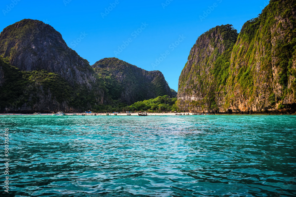 Maya bay hidden phi phi island beach in Thailand. Paradise Landscape