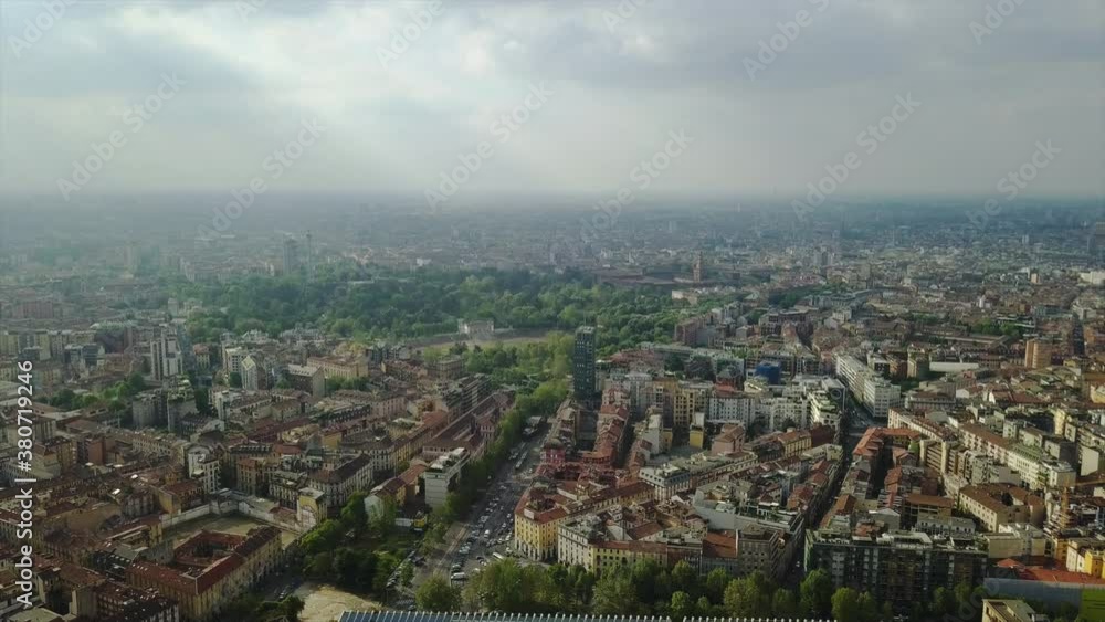 sunny day milan cityscape park stadium aerial panorama 4k italy sunny day milan cityscape park stadium aerial panorama 4k italy