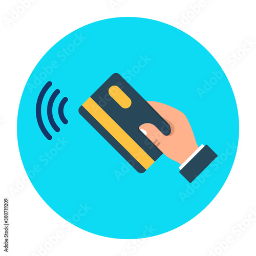 Contactless payment using credit card. Cashless payment, credit card and hand. Vector wireless NFC and contactless pay flat icon.