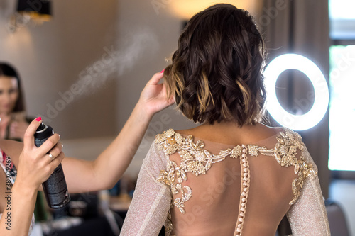 hairstyle for bride, hair spray applied