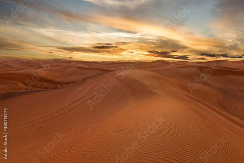 Sunset sky, sand desert landscape, UAE, Dubai