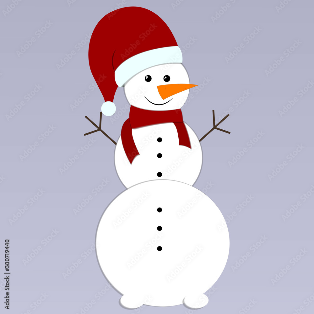 New Year. Christmas. Cheerful snowman with Santa Claus hat and winter scarf. Vector illustration.
