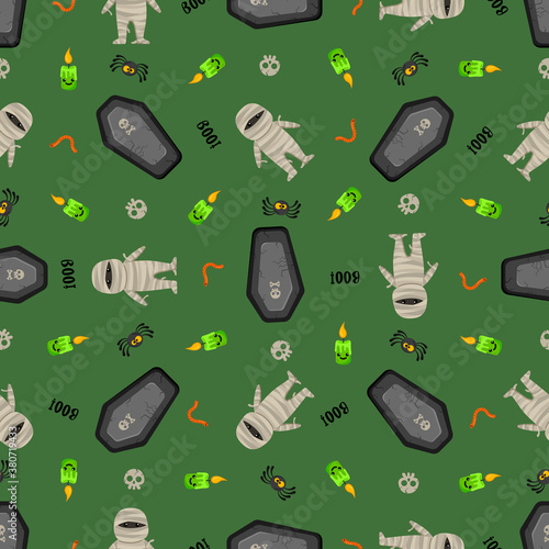 Halloween mummy vector pattern. Cartoon style. Kawaii character. Trick or treat. Cute symbols of the holiday. Funny illustration. For fabrics, textiles, cards, backgrounds and wrapping papers.