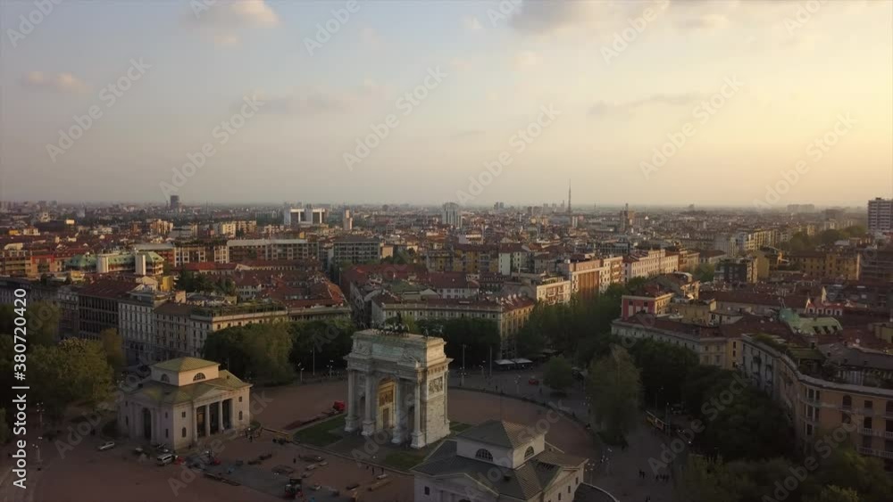 sunset time milan city famous arch of peace aerial panorama 4k italy sunset time milan city famous arch of peace aerial panorama 4k italy