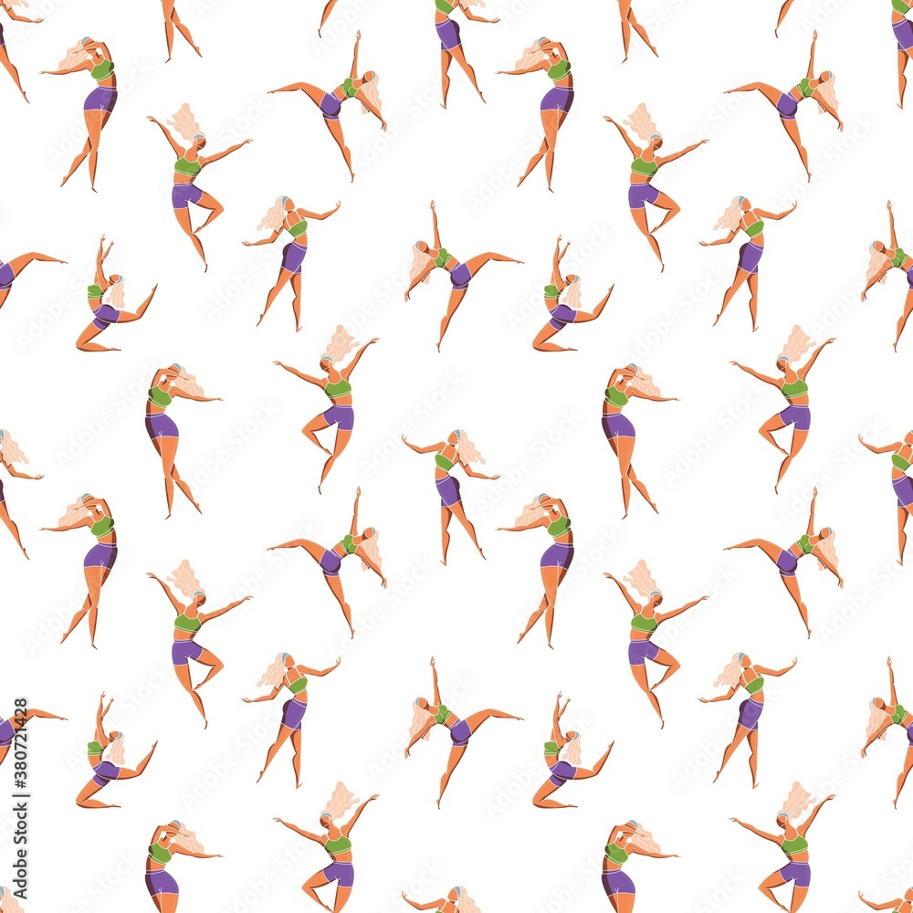 Seamless pattern with dancing girl poses. Female character in different choreographic positions in sportswear. Colorful vector illustration.