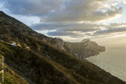 coastal landscape of cliffs at Olympos village in Karpathos island, Greece