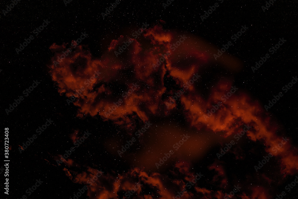 Night sky with stars and clouds in red color. Astro photo on summer night, color graded.