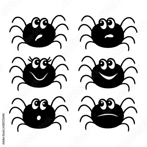 Set of cute cartoon spiders with different facial expressions isolated on white background. Black and white. Vector illustration 