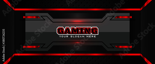 Futuristic red and black abstract gaming banner design template with metal technology concept. Vector illustration for business corporate promotion, game header social media, live streaming background