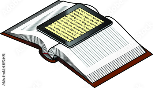 A tablet and an open book.