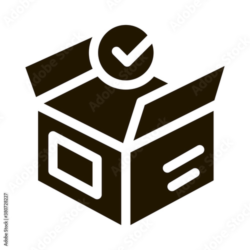 Opened Carton Box Approved Element glyph icon . Approved Sign On Document File And Hands, Computer Monitor And Smartphone Display Pictogram. Monochrome Illustration