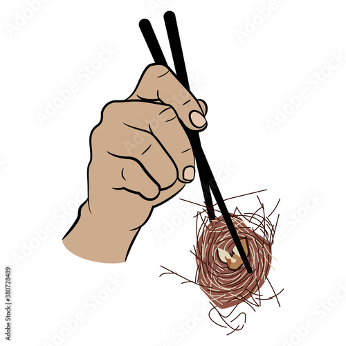 Human hand holding bird's nest with chopsticks. Creative concept. Man consumes future of nature.