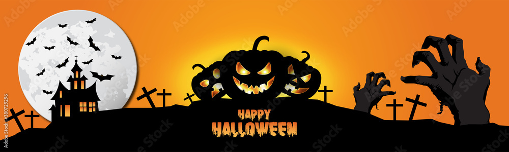 Happy Halloween banner or party invitation background with clouds, bats and pumpkins. Vector illustration. sky, spiders web.
