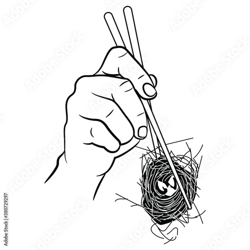 Human hand holding bird's nest with chopsticks. Creative concept. Man consumes future of nature. Black and white silhouette.