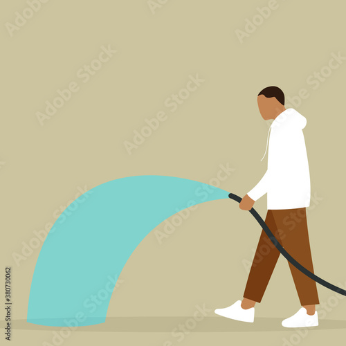 Male character is pouring water from a hose