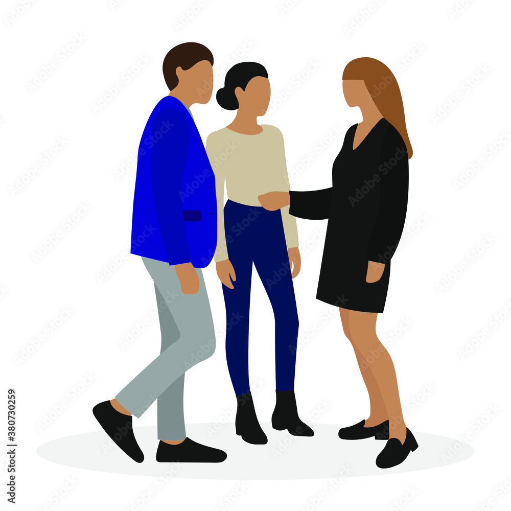 Male character and two female characters communicate on a white background Male character and two female characters communicate on a white background