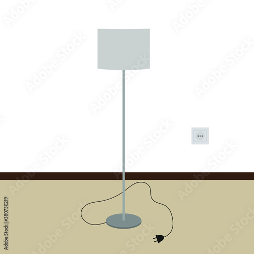 Floor lamp with cord and plug and power socket on the wall