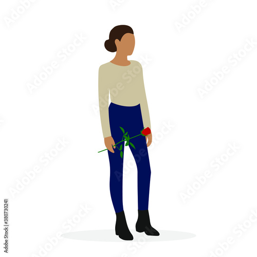 Female character with rose in hand on white background