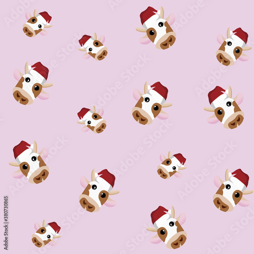 Fototapeta Naklejka Na Ścianę i Meble -  Nice ladybug. The face of a cow in a New Year's cap on a pink background pattern. Suitable for covers, cases, backgrounds, backgrounds. bull of 2021. Horoscope, Zodiac. Vector illustration