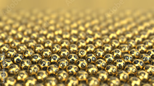 golden lottery ball sorted on ground. 3D illustration. suitable for lottery, bingo and luck themes.