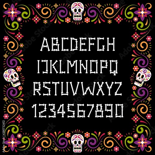 Dia de muertos bone font and festive flower frame. Day of dead abc. Halloween alphabet. Vector illustration.