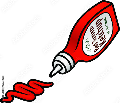 A squeeze bottle of tomato ketchup. Dispensing a squiggle of sauce.