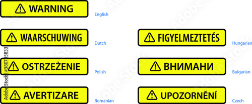 Multilingual warning labels. Hungarian, Czech, Romanian, Polish, Dutch, English, Bulgarian.