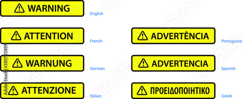 Multilingual warning labels. German, Greek, Portuguese, Italian, Spanish, English, French.