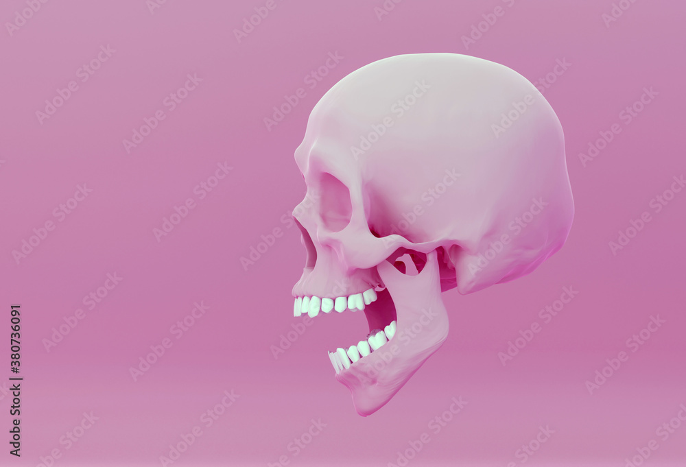 pink skull with open jaw in surprise, on pink background, side view, 3d illustration