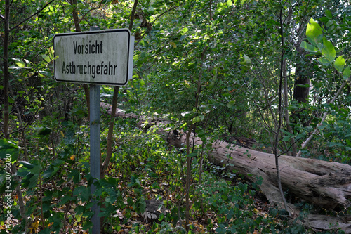 Waldgebiet mit Schild Vorsicht Astbruchgefahr - Stockfoto