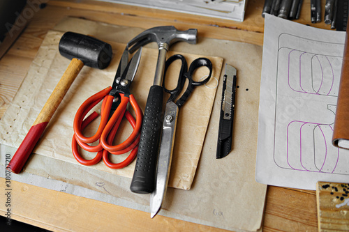 layout of tools in a leather workshop