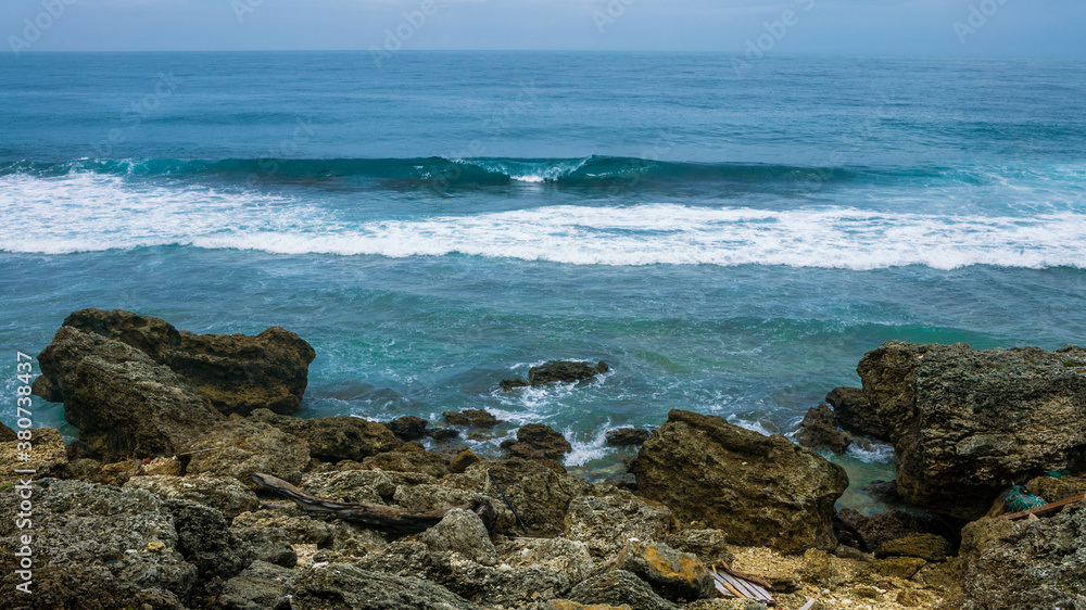 Ocean wave rolling toward with marine rocks in coast of Taiwan island. Seascape Ocean wave rolling toward with marine rocks in coast of Taiwan island. Seascape