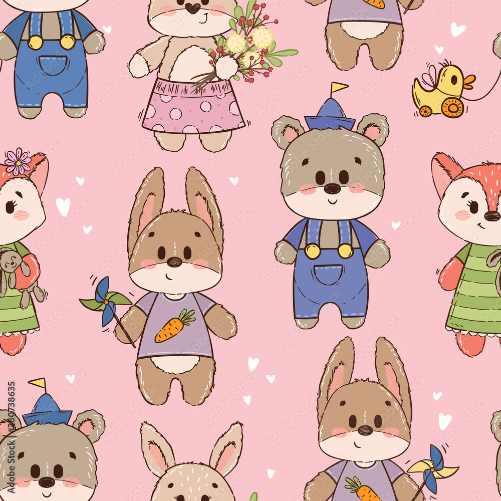 Obraz premium Seamless pattern with cute characters: bear, fox, hare, rabbit or bunny. Texture for girl on pink background. Ornament for a children's book, cover, textile, cotton, fabric, poster, print.