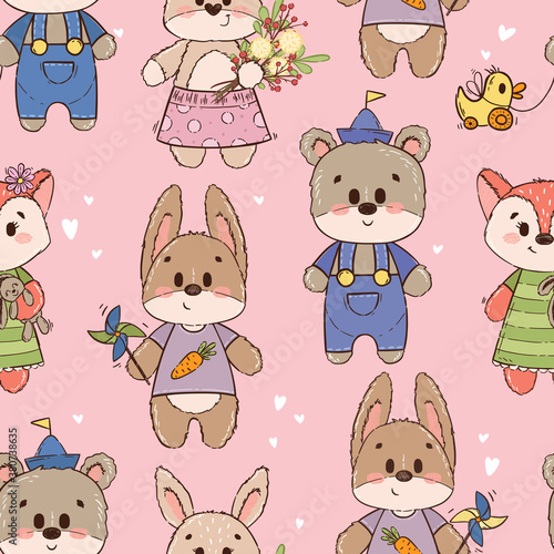 Seamless pattern with cute characters  bear  fox  hare  rabbit or bunny. Texture for girl on pink background. Ornament for a children s book  cover  textile  cotton  fabric  poster  print.