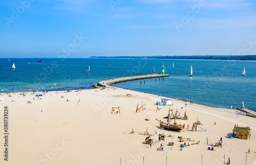 Beautiful view on the bay, beach in Lubeck - Travemunde (Travemünde) on baltic sea. Schleswig-Holstein, Germany.