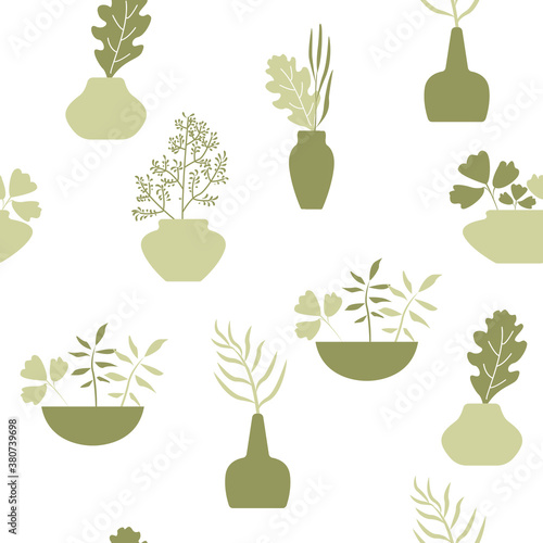 Pattern witch vase and  plants in  pastel color. Vector illustration for wallpaper,card, background,textile