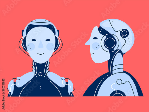 Chatbot robot vector illustration. Isolated detailed robot illustration with face and side positions