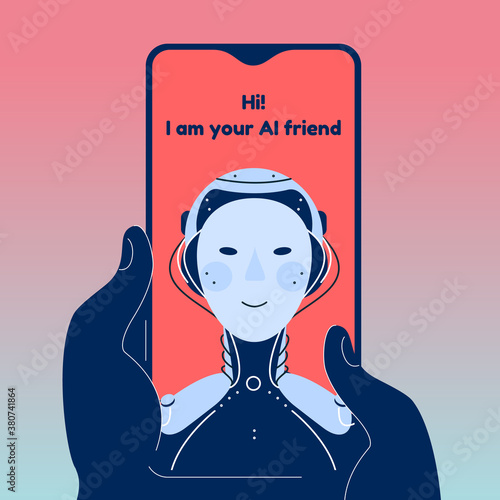 Chatbot robot chatting vector illustration. Isolated detailed illustration of AI friend application. Emotional and psycologic help and support.