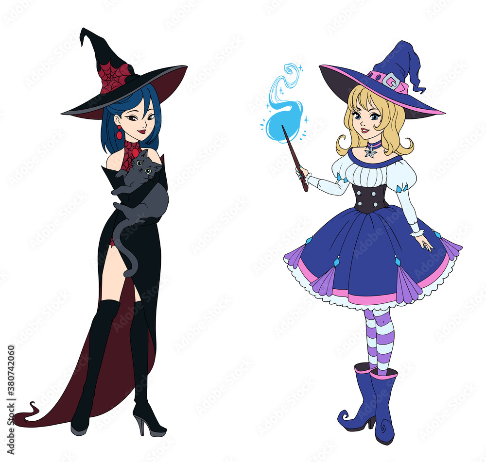 Set of two witches holding grey cat and magic wand.