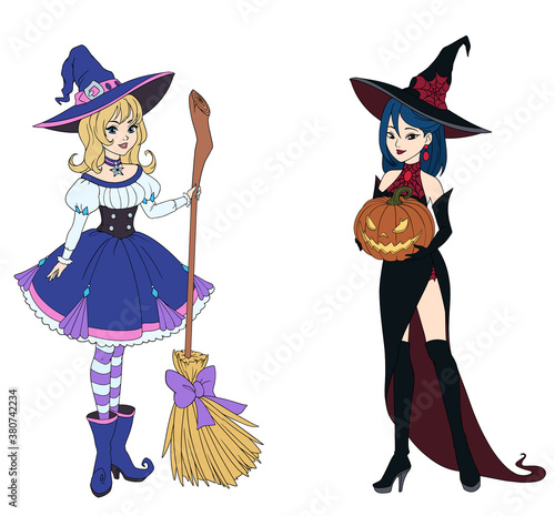 Set of two witches holding broom and Halloween pumpkin.