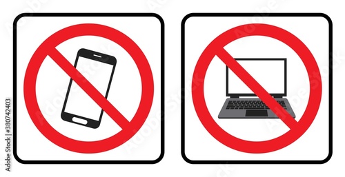 No phone icon and No Laptop icon in white background drawing by illustration-Prohibition Sign-Vector