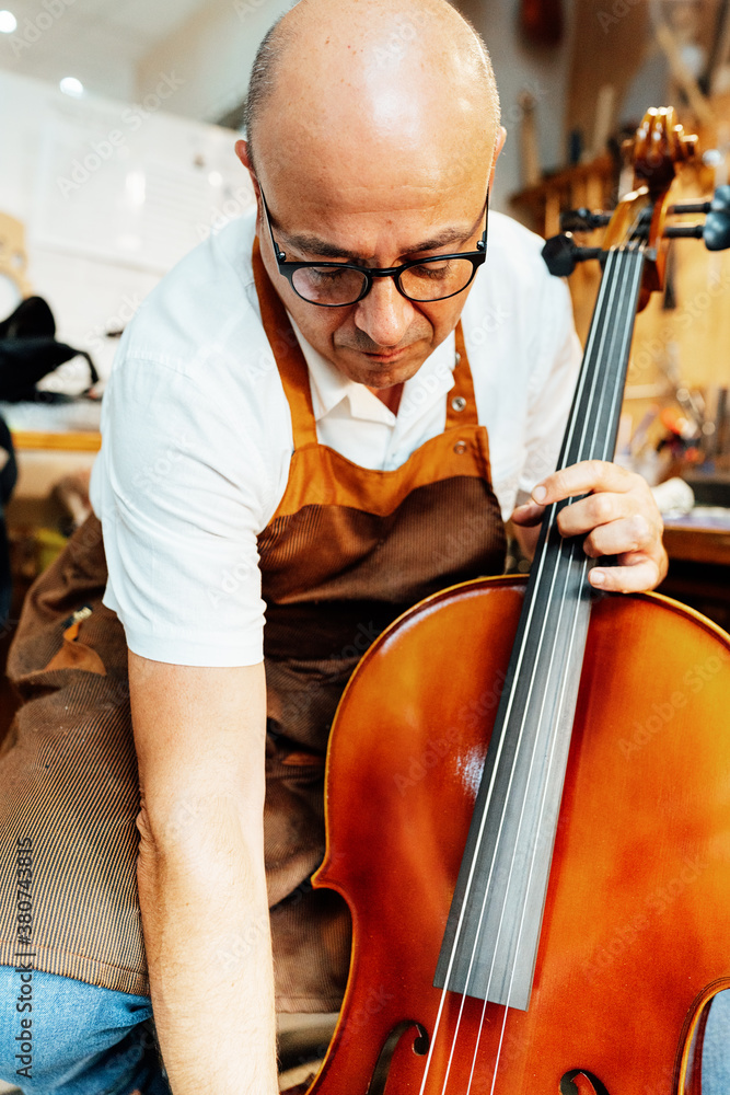 Professional senior artisan luthier checking string instrument while working in workshop Professional senior artisan luthier checking string instrument while working in workshop