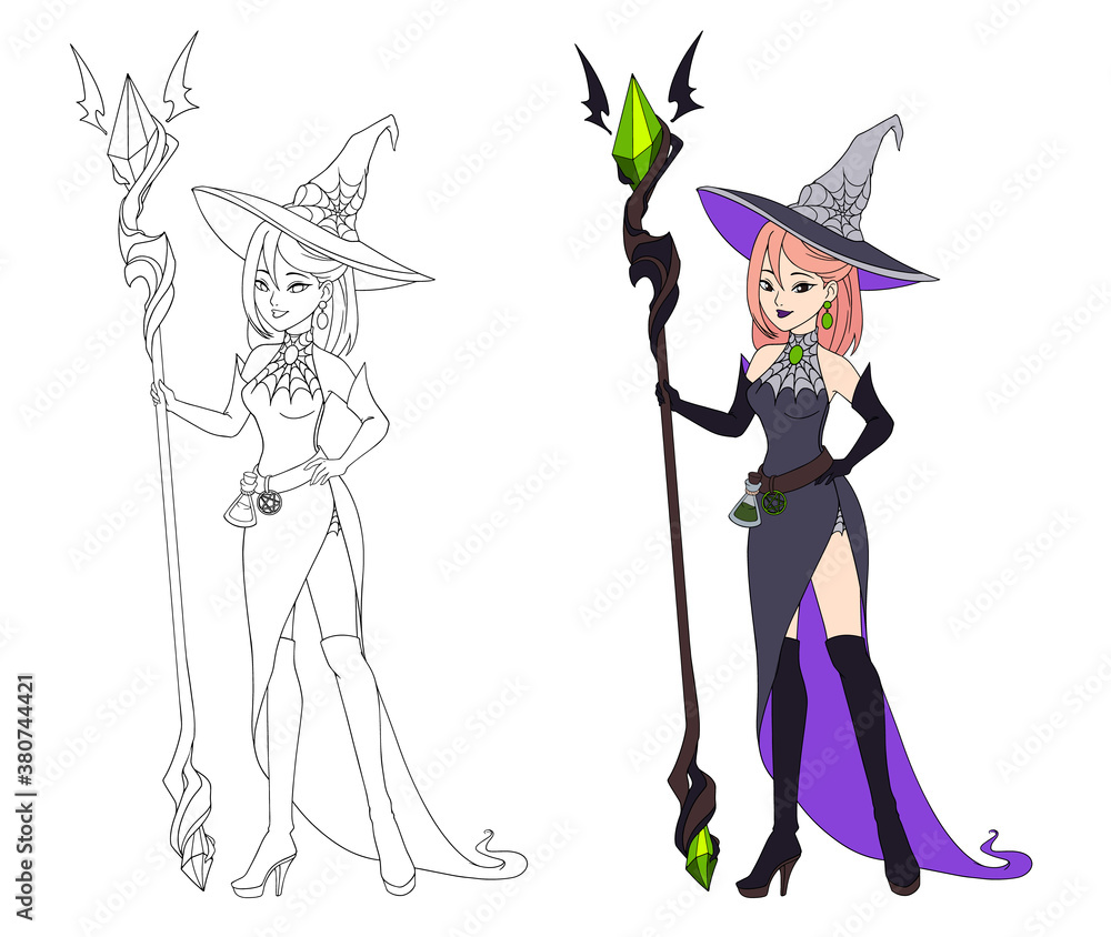 Beautiful cartoon witch holding big staff. vector illustration Beautiful cartoon witch holding big staff. vector illustration