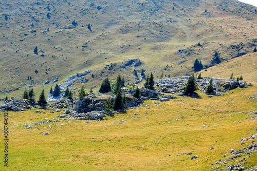 Typical landcsape in the mountains and forests of Transylvania. Bucegi Massif, Carpathian Mountains, Romania