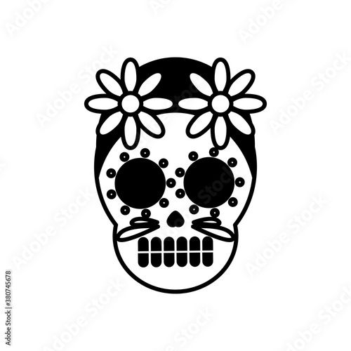 traditional mexican skull head with flowers line style icon